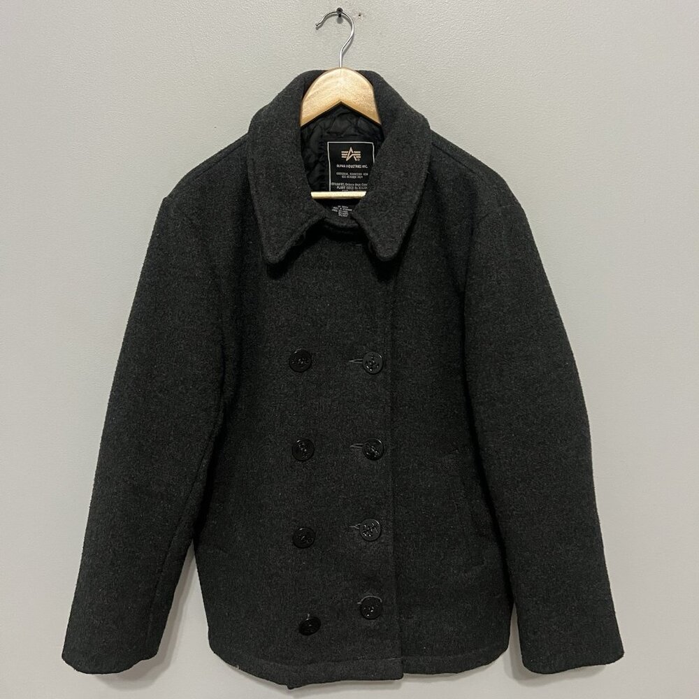 Alpha Industries Double Breasted Wool Blend Pea Coat Gray Size Small